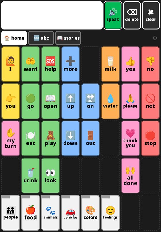 The generic starter board on an iPad: a message bar with speak, delete, and clear buttons, tabs for home, abc, and stories, and a grid of color-coded word buttons such as I, want, help, more, yes, and no.