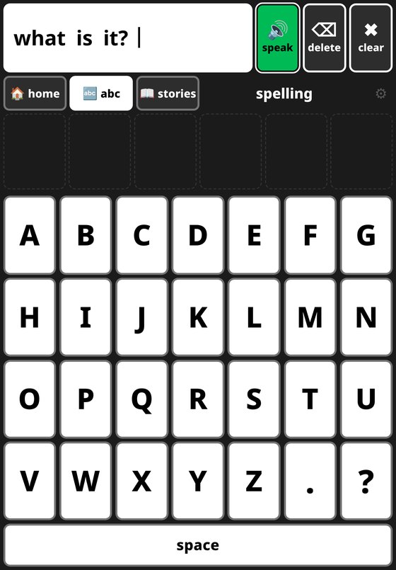 The spelling keyboard, A to Z, with word predictions above the keys
