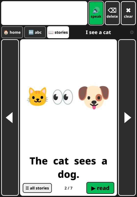 A read-along story page with a picture and tappable words