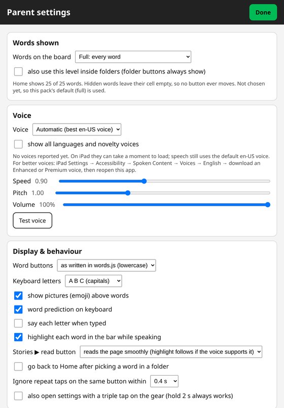 The settings screen for choosing which word level is shown