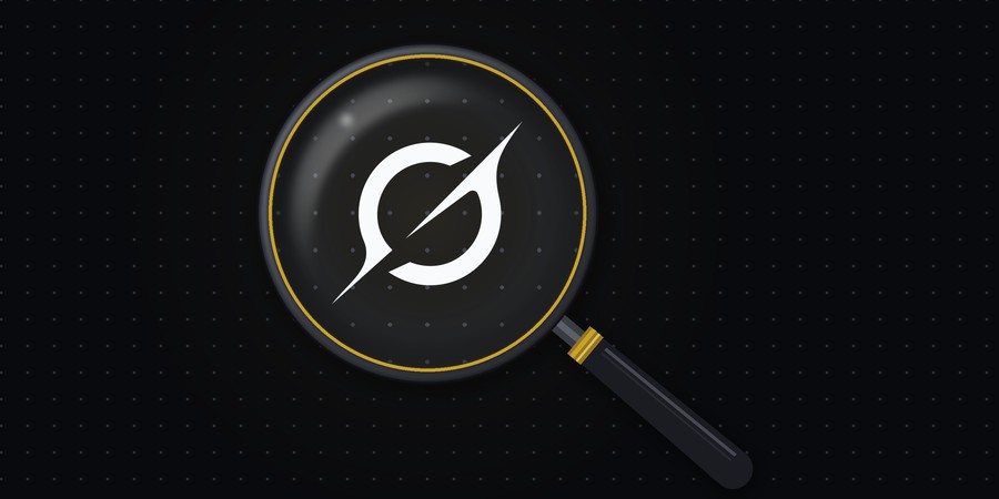 The Grok logo seen through a magnifying glass with a gold rim, on a dark dotted background