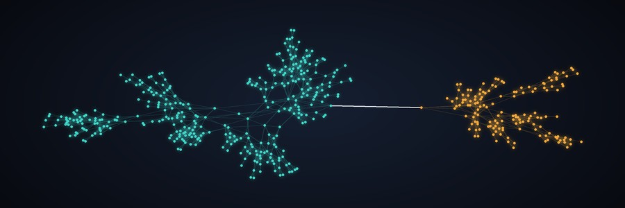 An exception_prior run from split_load_sim: a teal main map joined to an amber reserved map by one bottleneck edge