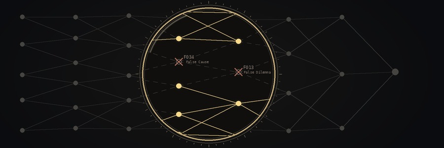 A lens over an argument graph: surviving steps glow gold, cut steps are struck out with fallacy codes